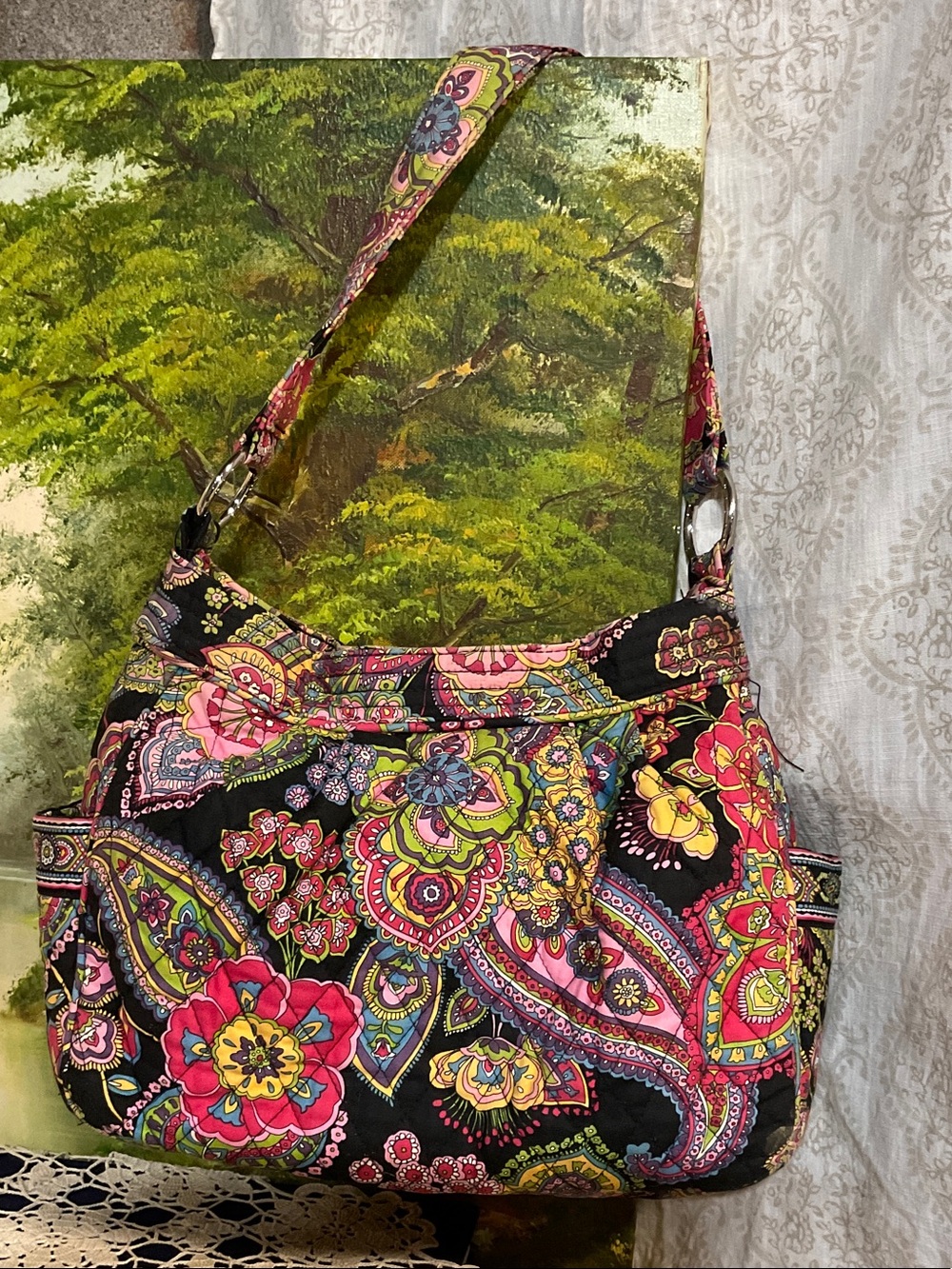 Vera Bradley Black Quilted Shoulder Bag with Pink and Green Paisley Floral